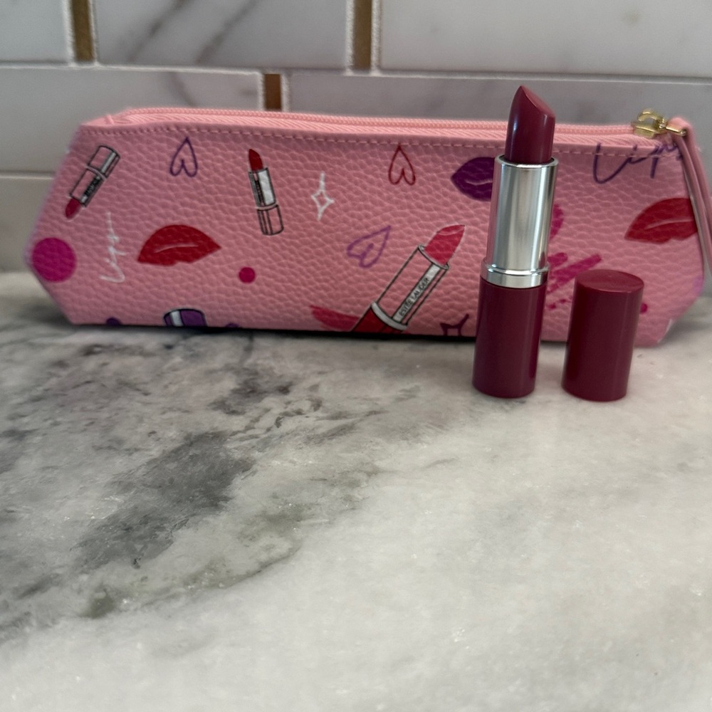 Clinique Pink makeup bag with NEW full size  Plum Pop Lipstick